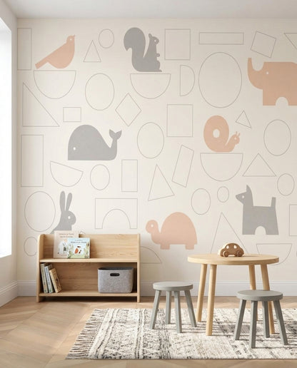 Geometrik Hayvanlı Poster Duvar Kağıdı Bej Gri Bebek Odası