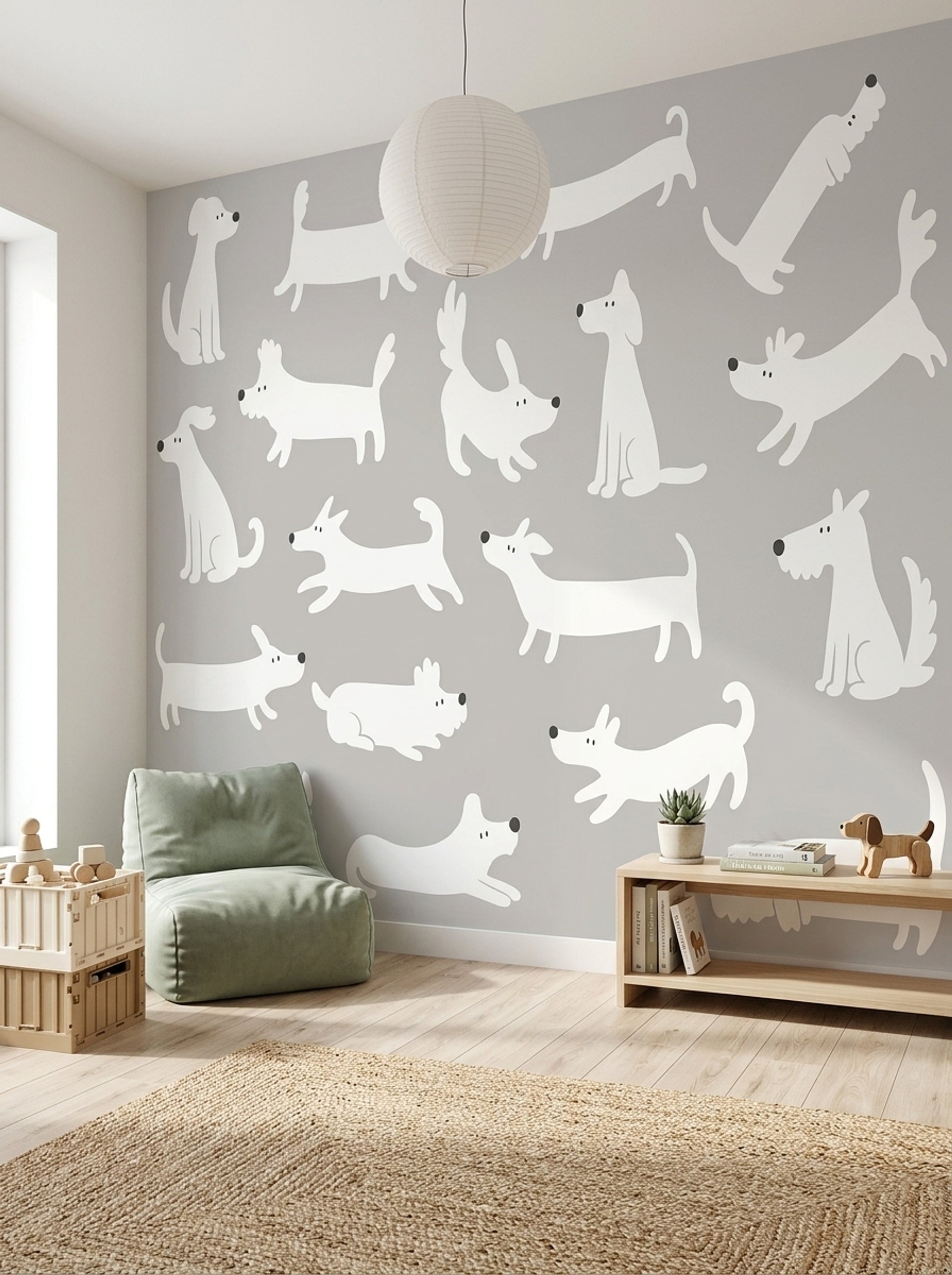 Sevimli Köpek Desenli Poster Duvar Kağıdı Gri Beyaz Bebek Odası