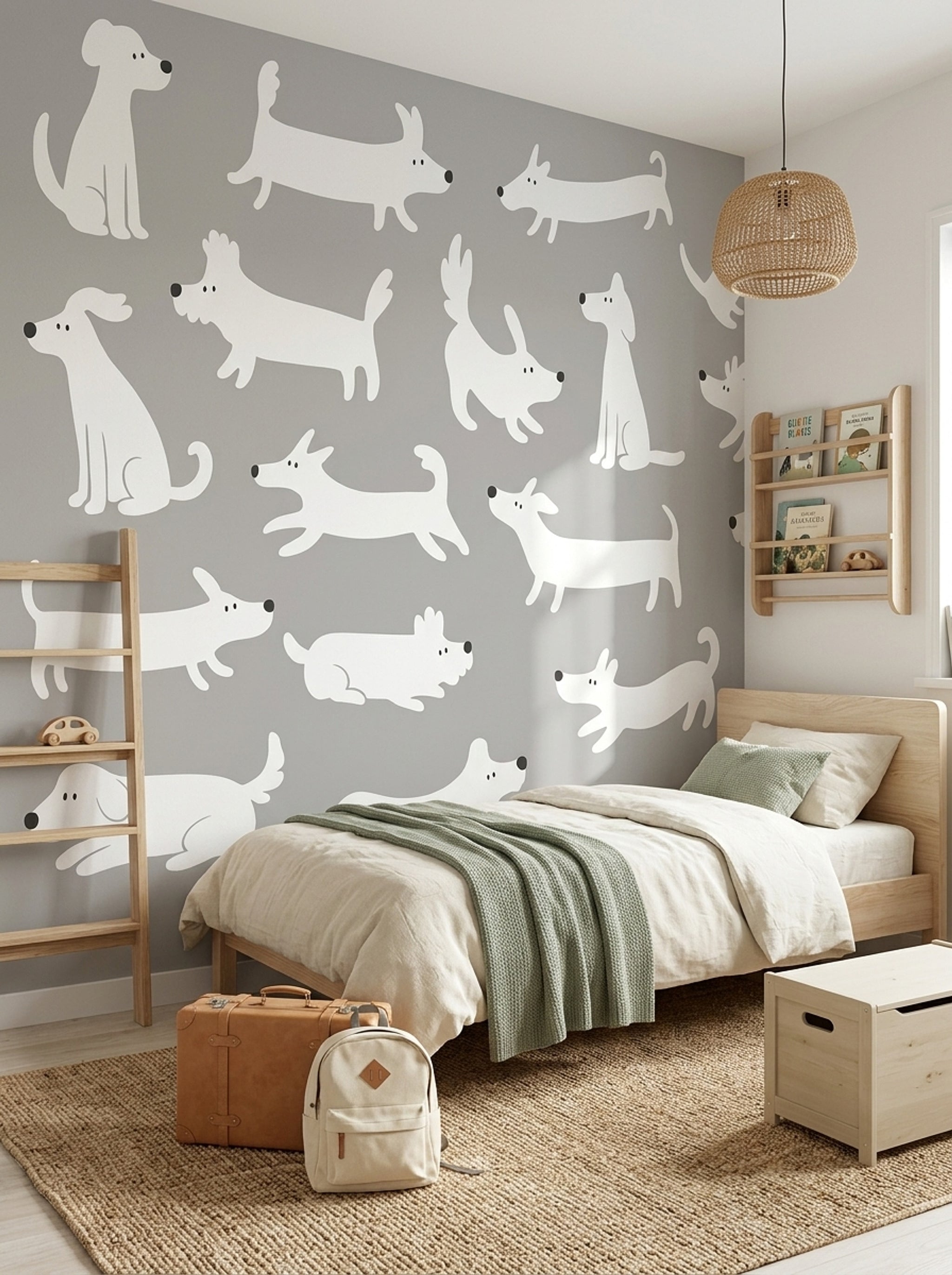 Sevimli Köpek Desenli Poster Duvar Kağıdı Gri Beyaz Bebek Odası