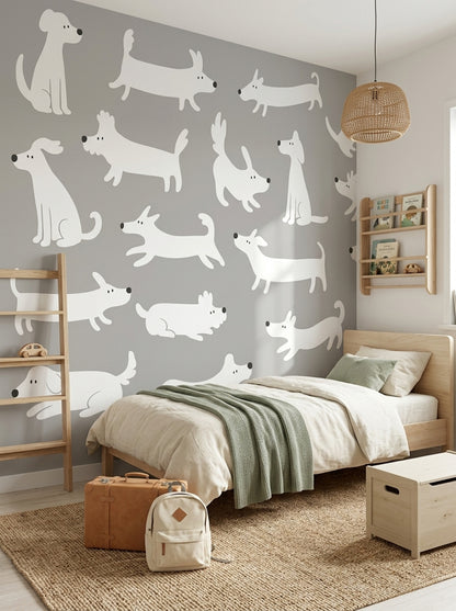 Sevimli Köpek Desenli Poster Duvar Kağıdı Gri Beyaz Bebek Odası