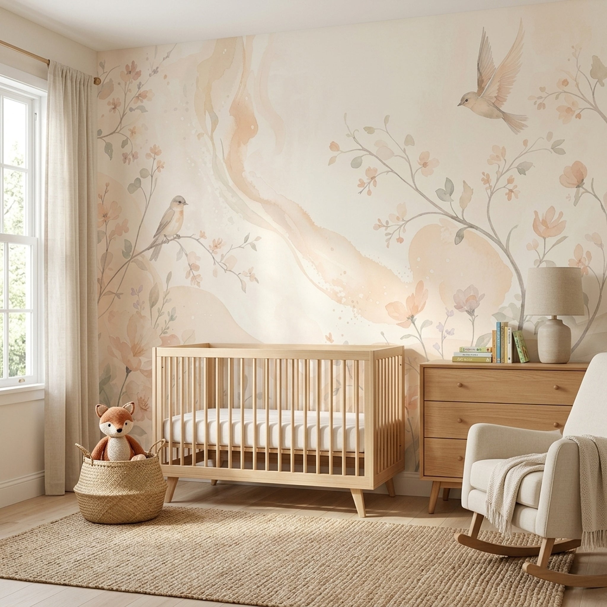 Kuşlu Çiçekli Poster Duvar Kağıdı Pastel Bej Salon