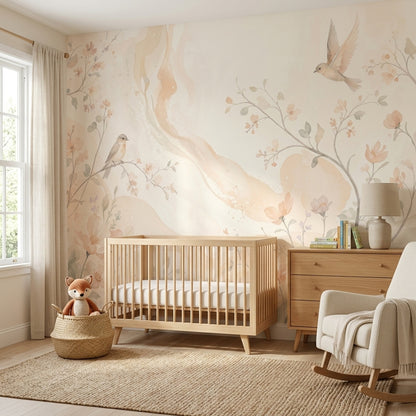 Kuşlu Çiçekli Poster Duvar Kağıdı Pastel Bej Salon