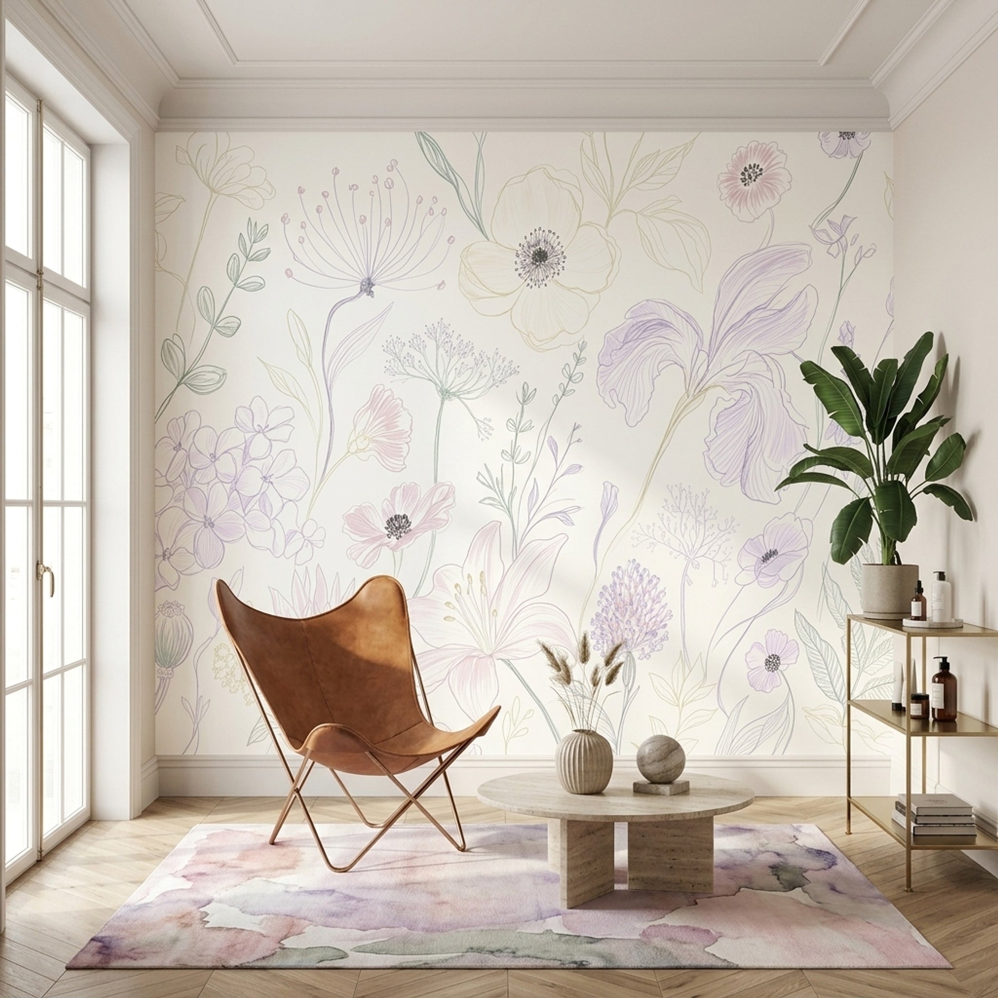 Pastel Çiçek Çizimli Poster Duvar Kağıdı Krem Duvar Dekoru
