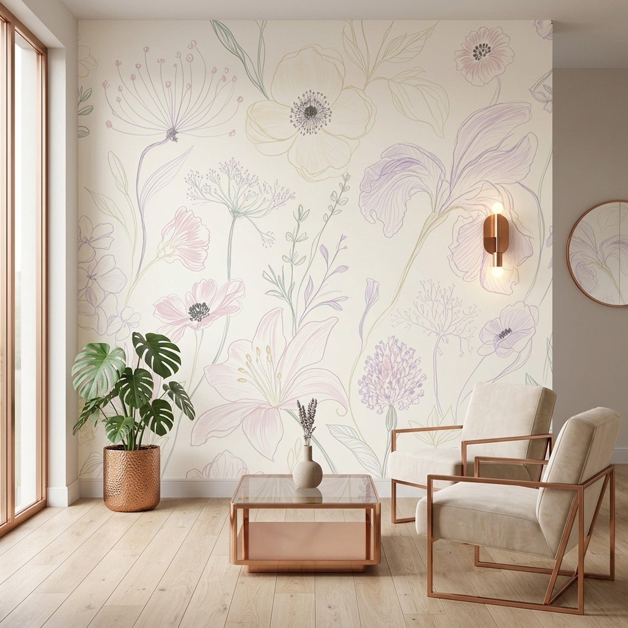 Pastel Çiçek Çizimli Poster Duvar Kağıdı Krem Duvar Dekoru