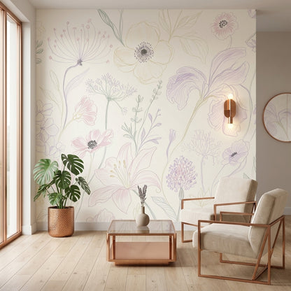 Pastel Çiçek Çizimli Poster Duvar Kağıdı Krem Duvar Dekoru
