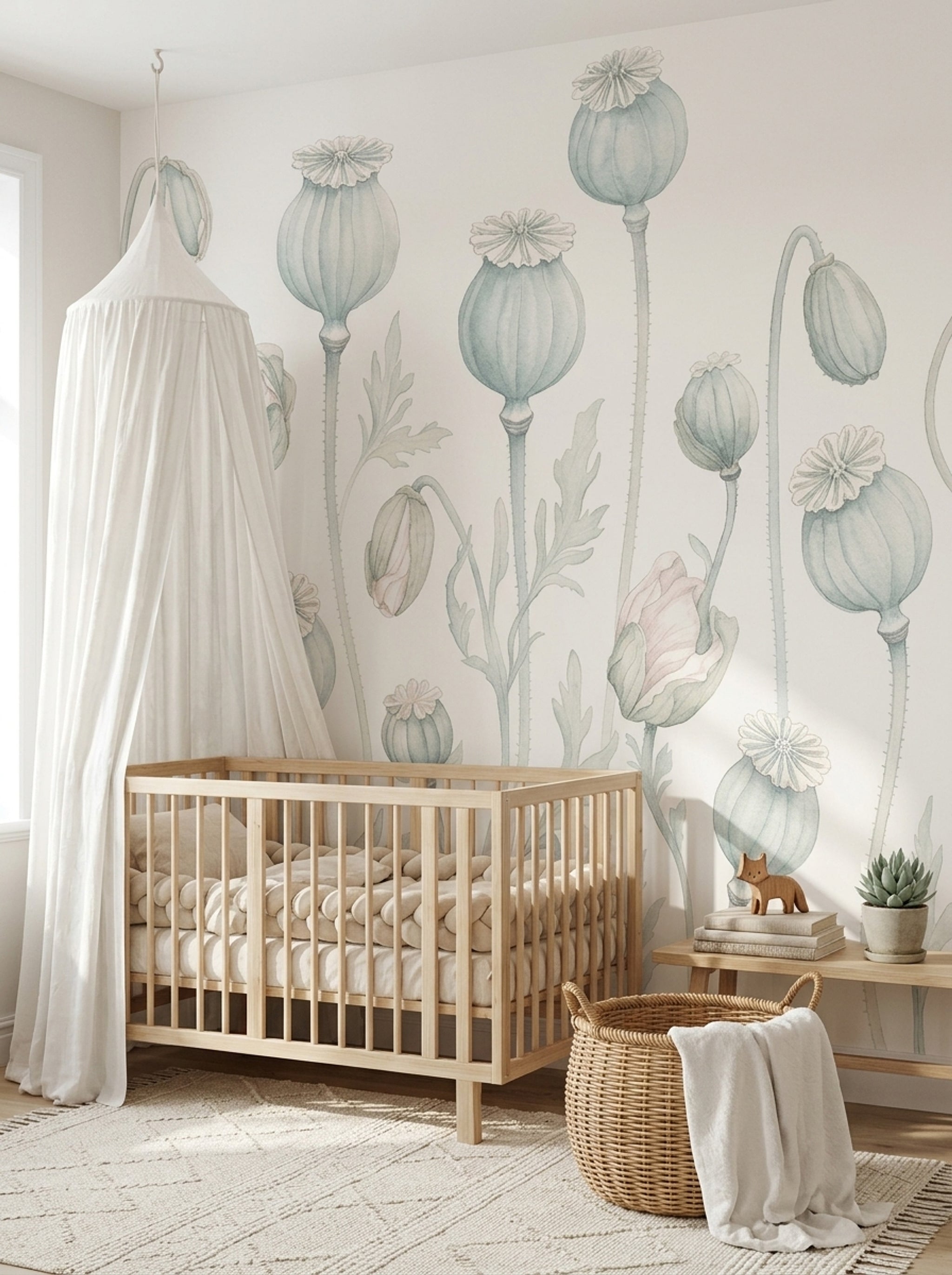 Pastel Gelincik Çiçekli Poster Duvar Kağıdı Yeşil Bebek Odası