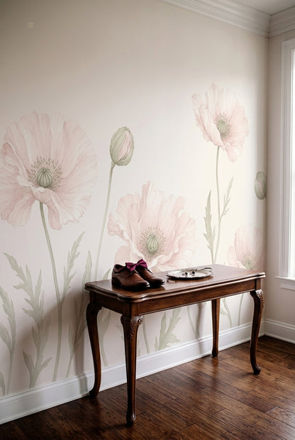 Pastel Haşhaş Çiçekli Poster Duvar Kağıdı Pudra Pembe Salon