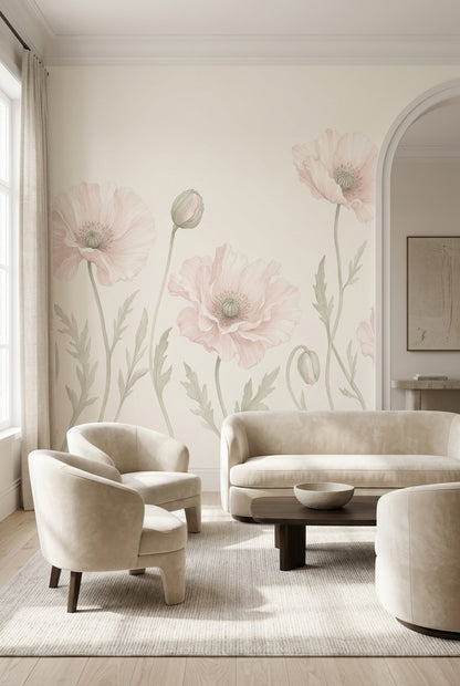 Pastel Haşhaş Çiçekli Poster Duvar Kağıdı Pudra Pembe Salon