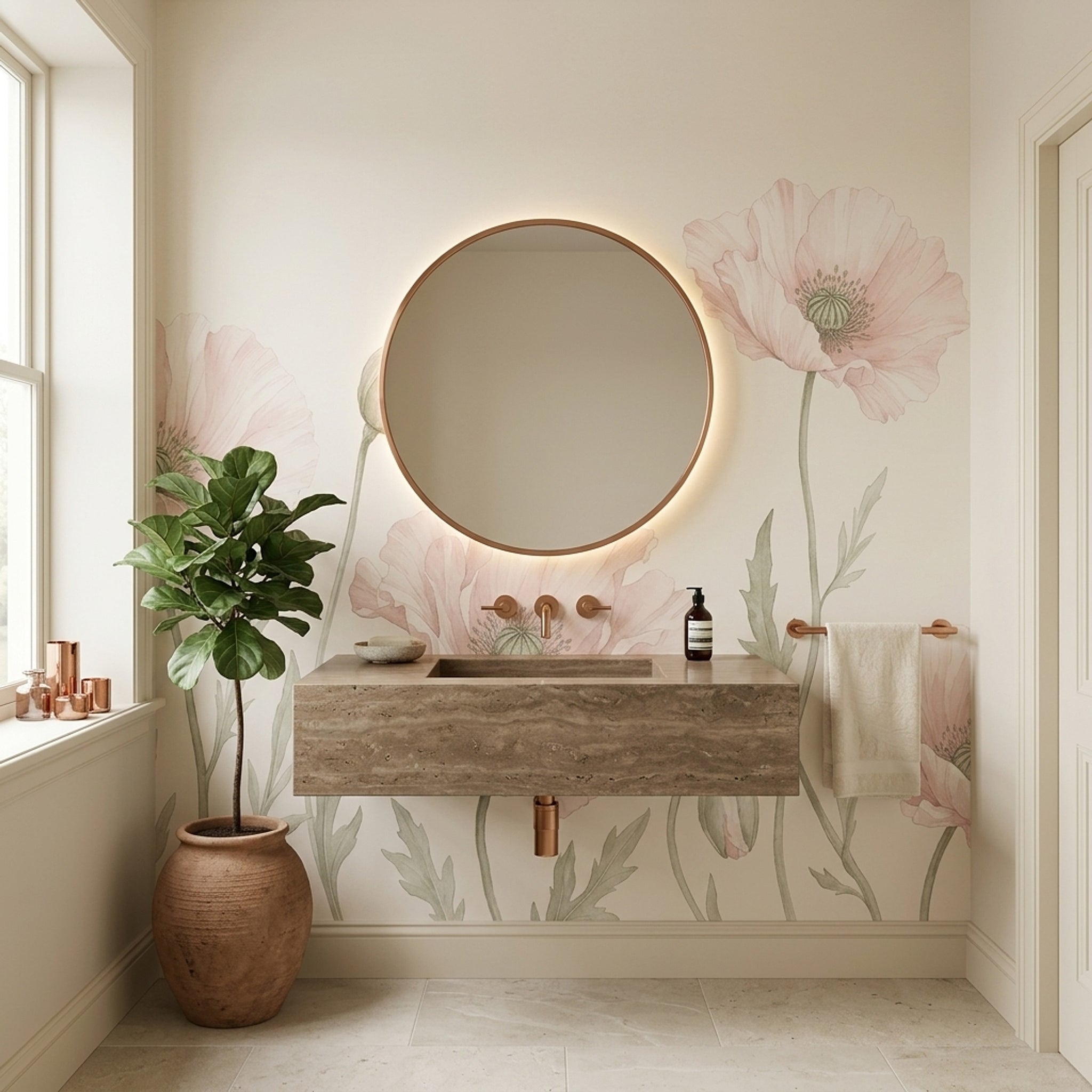 Pastel Haşhaş Çiçekli Poster Duvar Kağıdı Pudra Pembe Salon