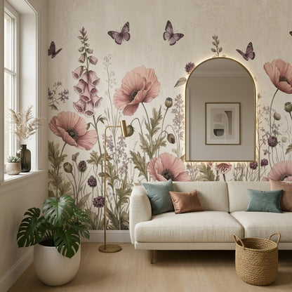 Pudra Pembe Çiçekli Poster Duvar Kağıdı Kelebekli Salon