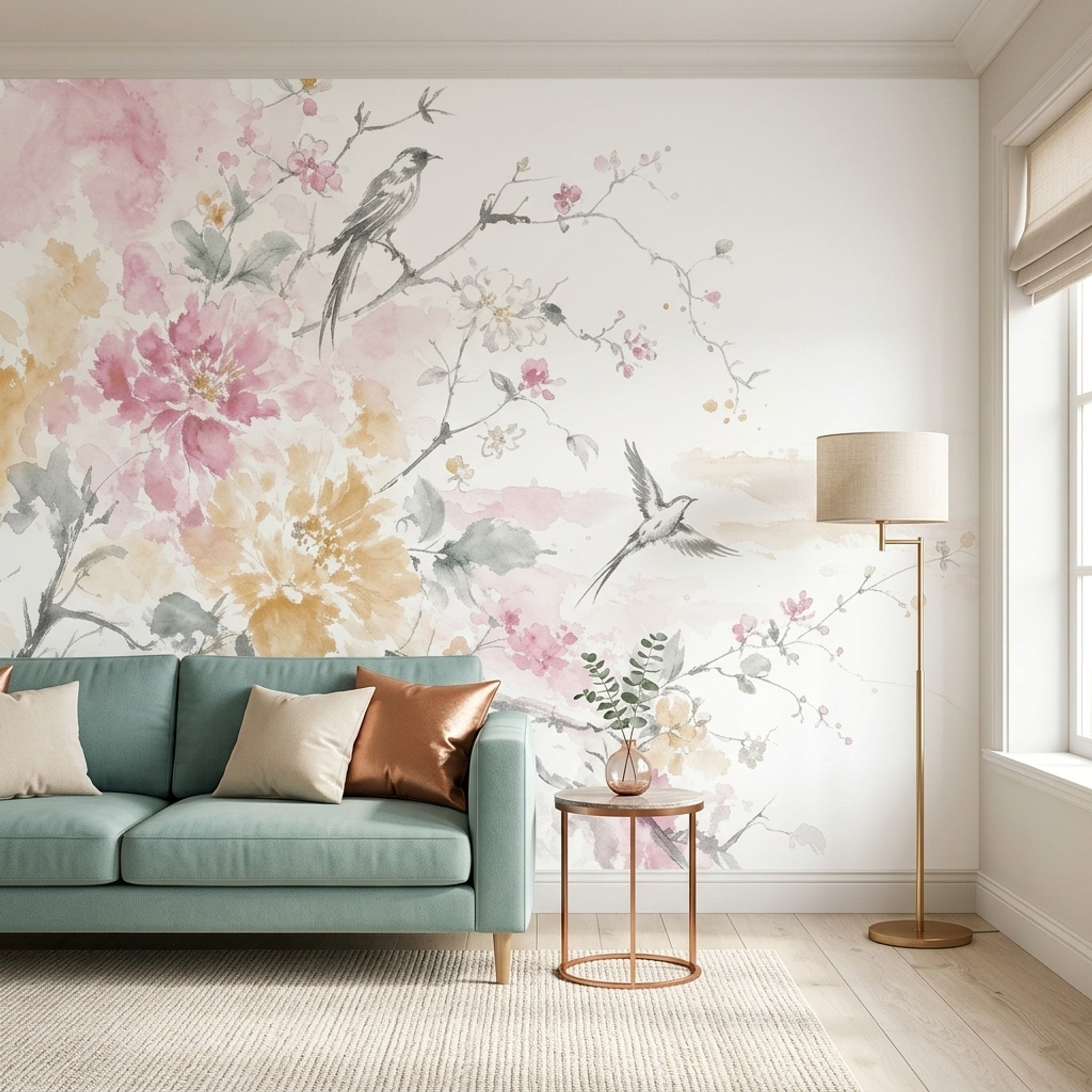 Sulu Boya Çiçekli Poster Duvar Kağıdı Pudra Pembe Salon