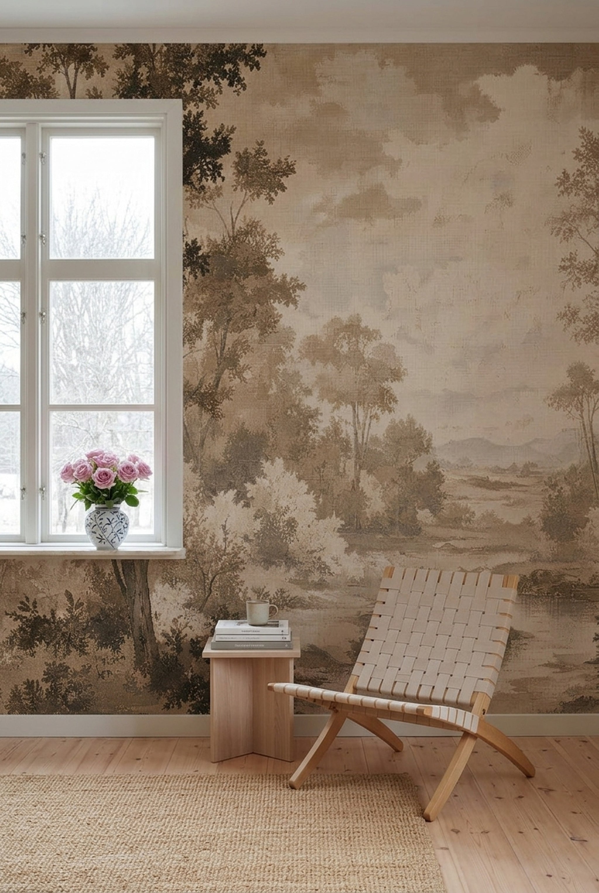 Sepya Orman Manzaralı Poster Duvar Kağıdı Bej Salon Duvarı