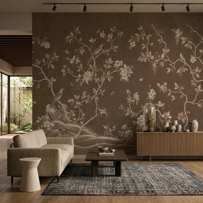 Kuşlu Çiçekli Dal Desenli Poster Duvar Kağıdı Kahverengi Salon