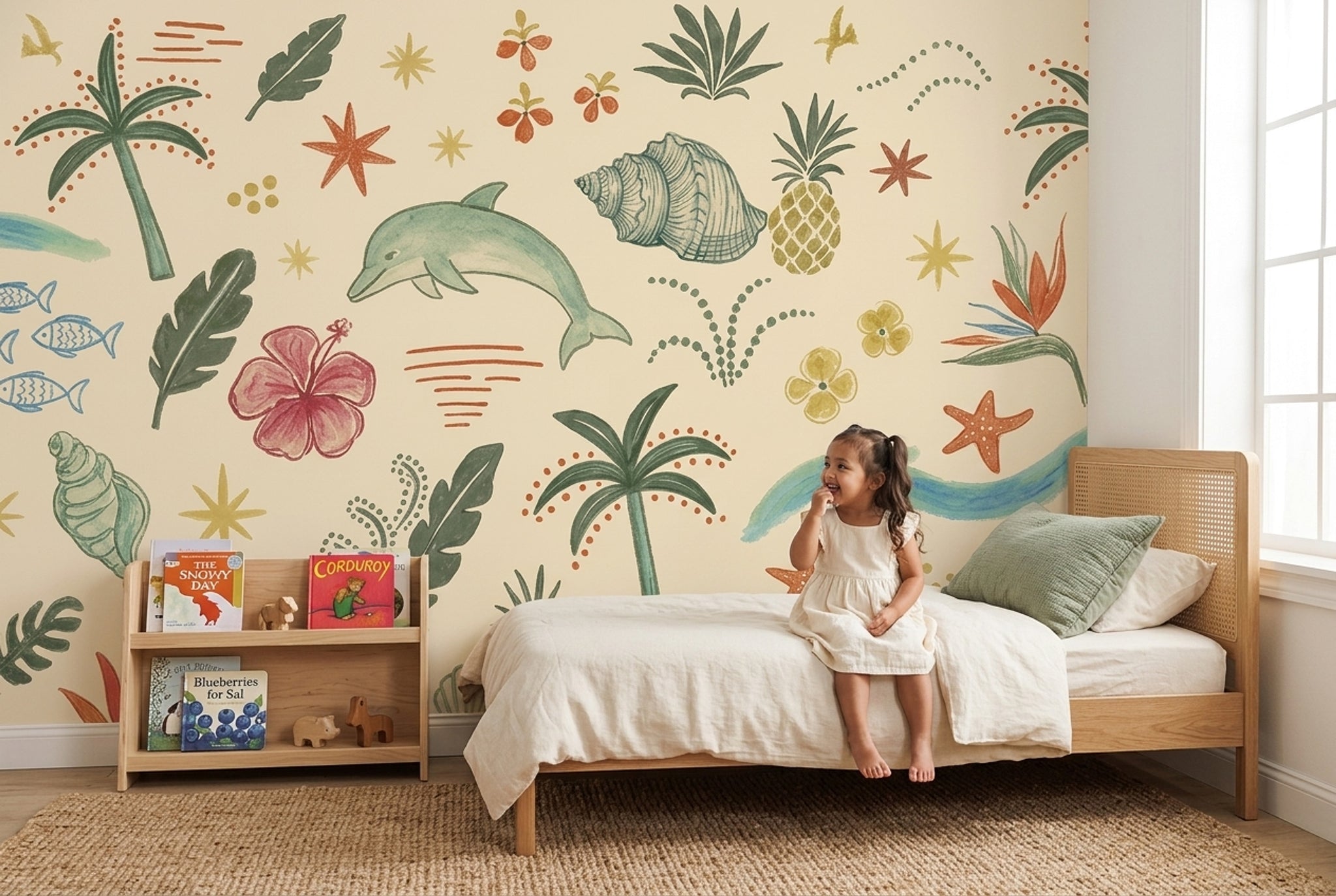Deniz Temalı Poster Duvar Kağıdı Yunuslu Tropik Desenli Bebek Odası