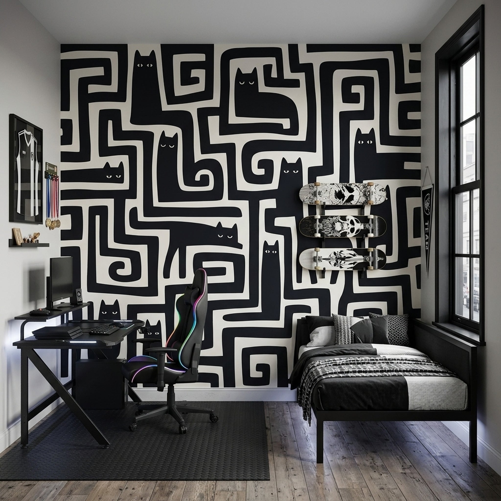 Geometrik Kedili Poster Duvar Kağıdı Siyah Beyaz Genç Odası
