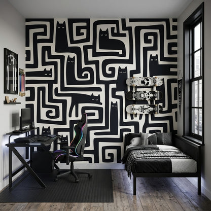 Geometrik Kedili Poster Duvar Kağıdı Siyah Beyaz Genç Odası