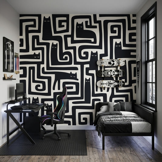 Geometrik Kedili Poster Duvar Kağıdı Siyah Beyaz Genç Odası