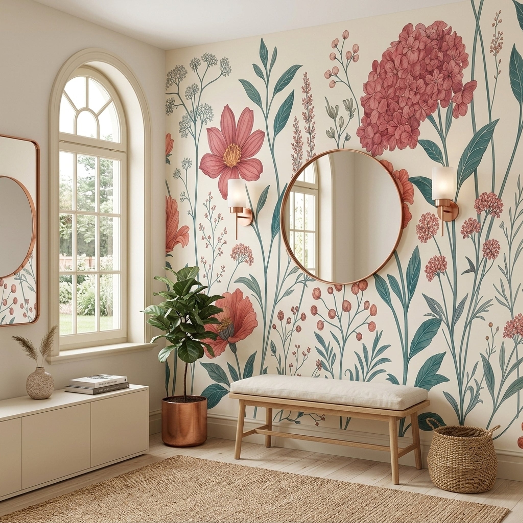 Büyük Çiçekli Poster Duvar Kağıdı Pudra Pembe Botanik Salon
