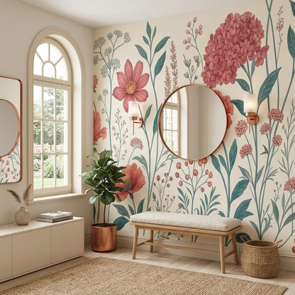Büyük Çiçekli Poster Duvar Kağıdı Pudra Pembe Botanik Salon