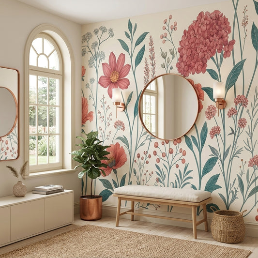 Büyük Çiçekli Poster Duvar Kağıdı Pudra Pembe Botanik Salon