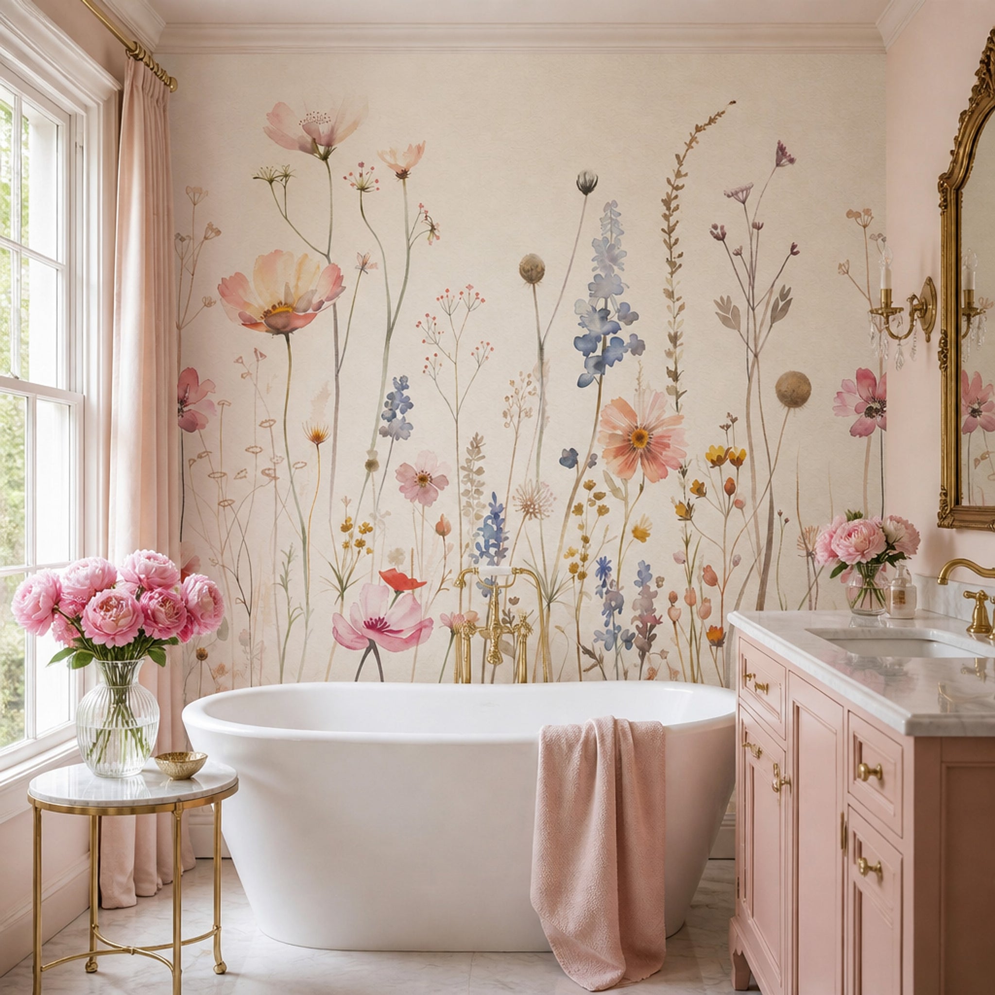 Suluboya Çayır Çiçekli Poster Duvar Kağıdı Pastel Banyo Duvarı