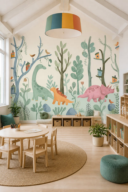 Dinozor Ormanlı Poster Duvar Kağıdı Pastel Yeşil Çocuk Odası