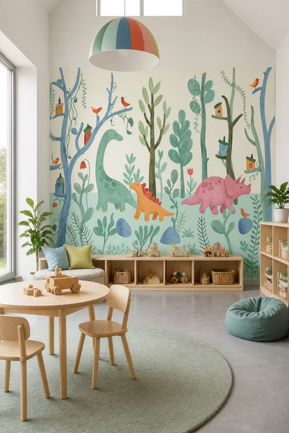 Dinozor Ormanlı Poster Duvar Kağıdı Pastel Yeşil Çocuk Odası