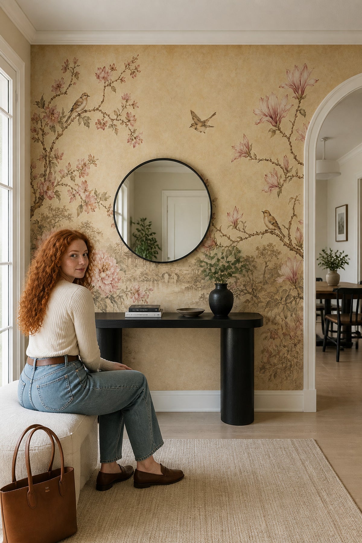 Kuşlu Manolya Çiçekli Poster Duvar Kağıdı Bej Salon