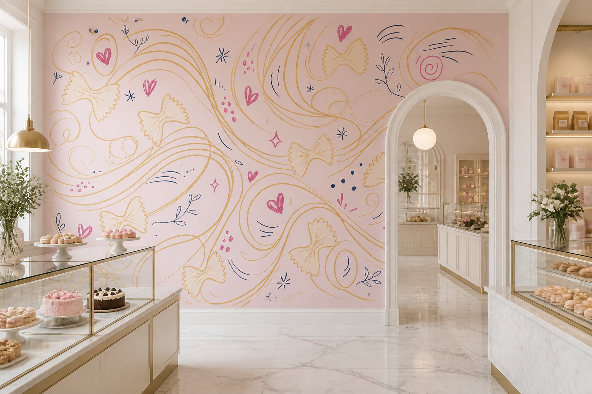 Kalpli Çizgili Poster Duvar Kağıdı Pembe Sarı Modern