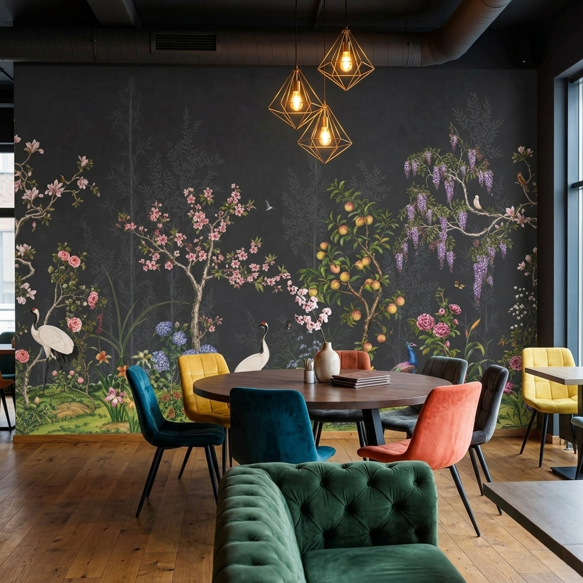 Kuşlu Çiçek Bahçesi Poster Duvar Kağıdı Siyah Fonlu Salon
