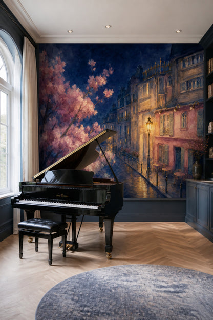 Paris Sokak Manzaralı Poster Duvar Kağıdı Lacivert Romantik Tasarım