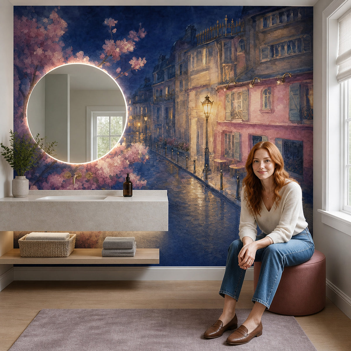 Paris Sokak Manzaralı Poster Duvar Kağıdı Lacivert Romantik Tasarım