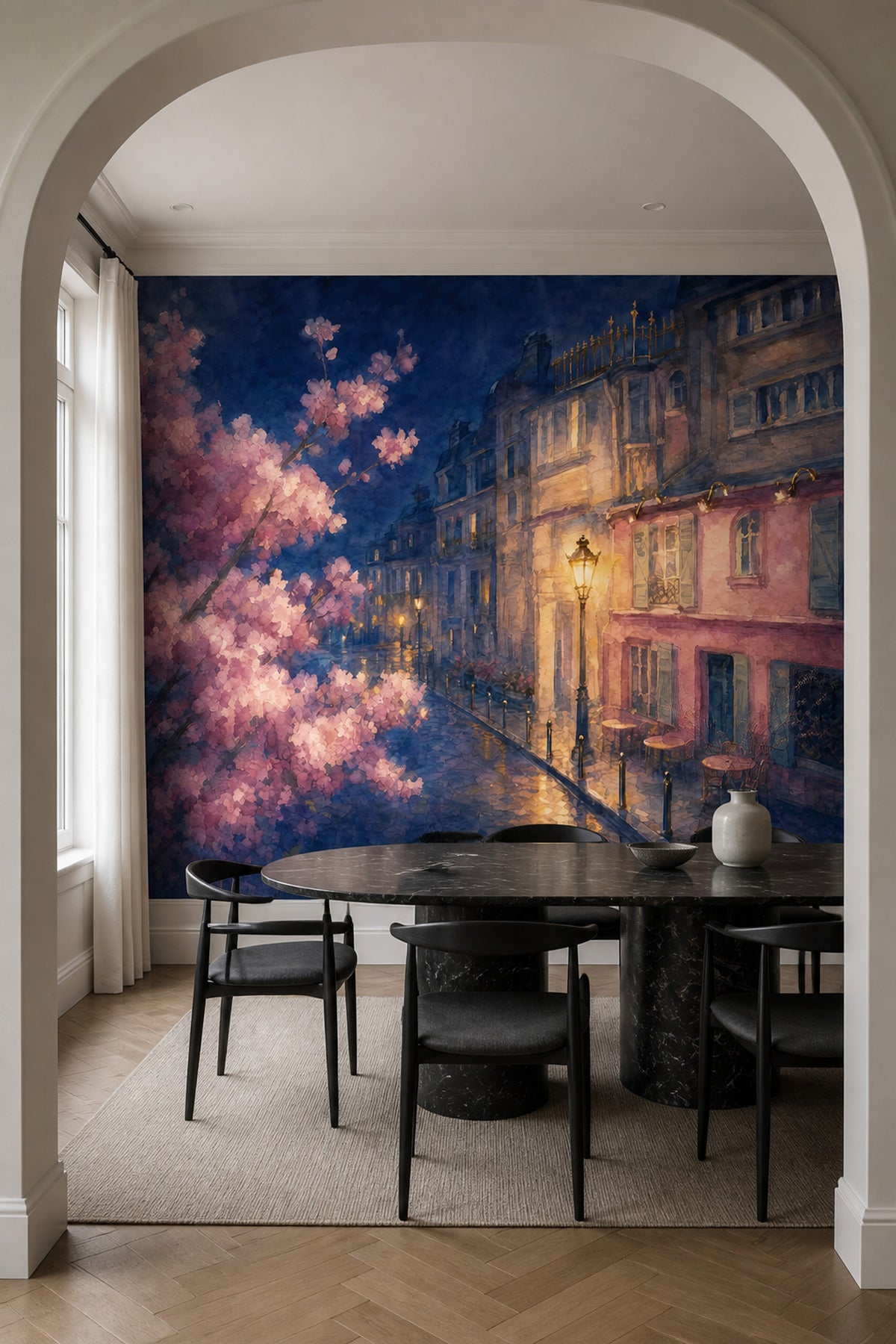 Paris Sokak Manzaralı Poster Duvar Kağıdı Lacivert Romantik Tasarım
