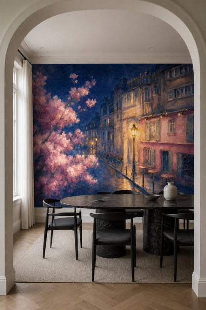 Paris Sokak Manzaralı Poster Duvar Kağıdı Lacivert Romantik Tasarım