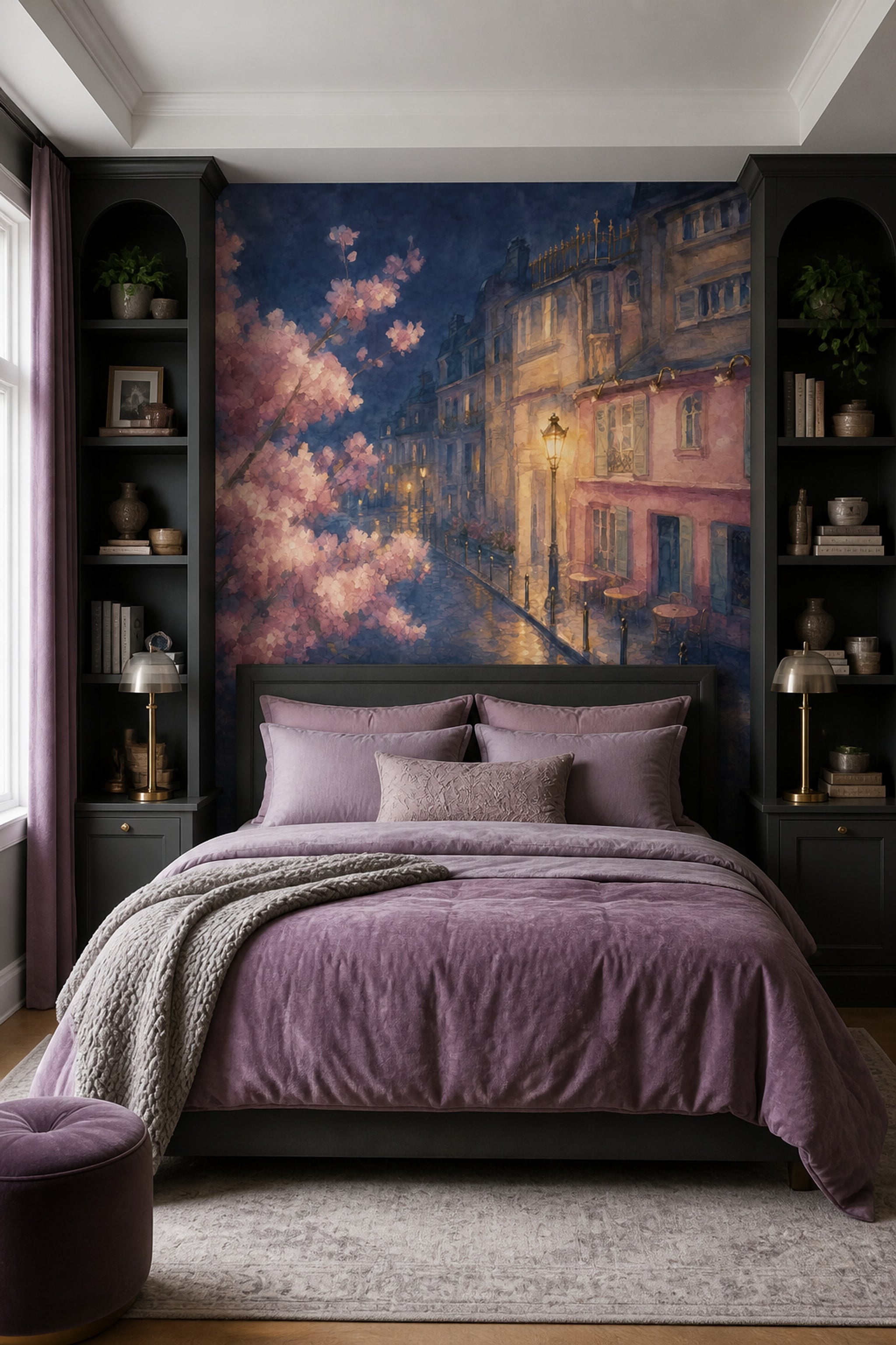 Paris Sokak Manzaralı Poster Duvar Kağıdı Lacivert Romantik Tasarım