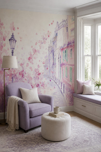 Suluboya Şehir Manzaralı Poster Duvar Kağıdı Pembe Lila Salon