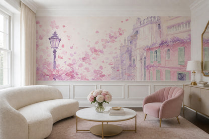 Suluboya Şehir Manzaralı Poster Duvar Kağıdı Pembe Lila Salon