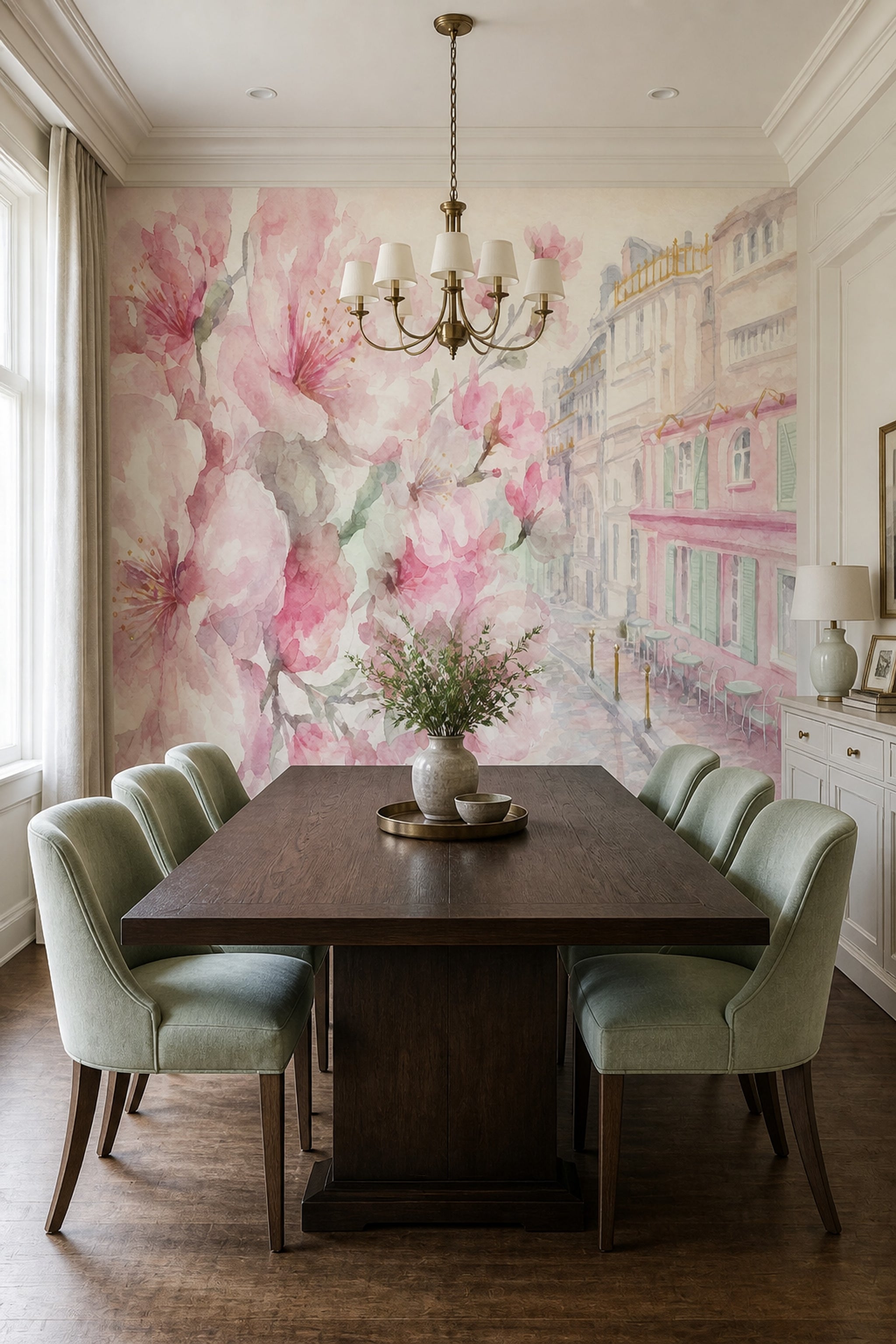 Sulu Boya Pembe Çiçekli Poster Duvar Kağıdı Salon Dekoru