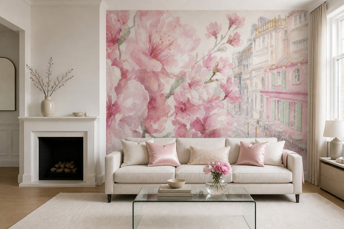Sulu Boya Pembe Çiçekli Poster Duvar Kağıdı Salon Dekoru