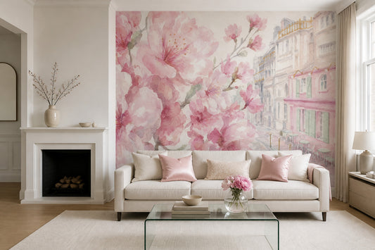 Sulu Boya Pembe Çiçekli Poster Duvar Kağıdı Salon Dekoru