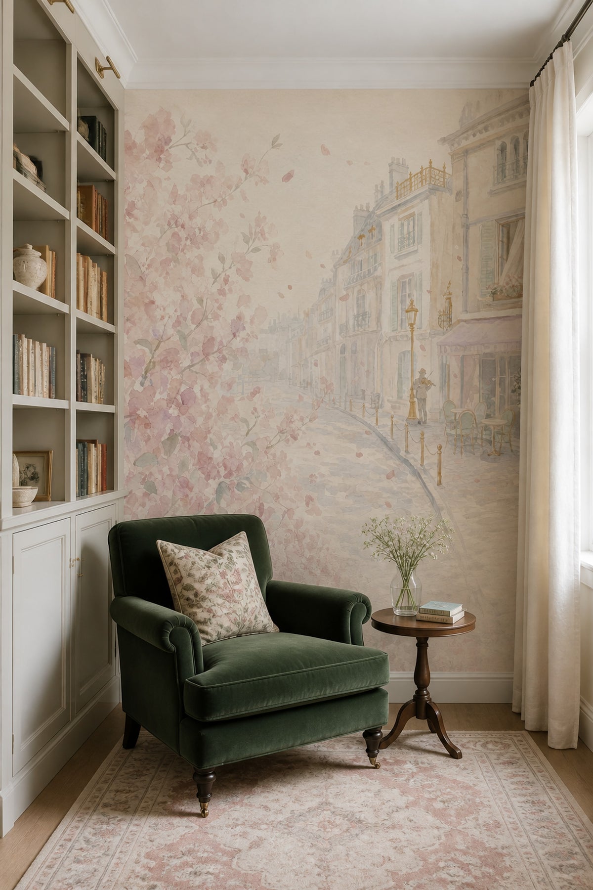 Suluboya Paris Sokağı Poster Duvar Kağıdı Pembe Çiçekli