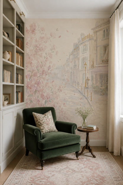 Suluboya Paris Sokağı Poster Duvar Kağıdı Pembe Çiçekli