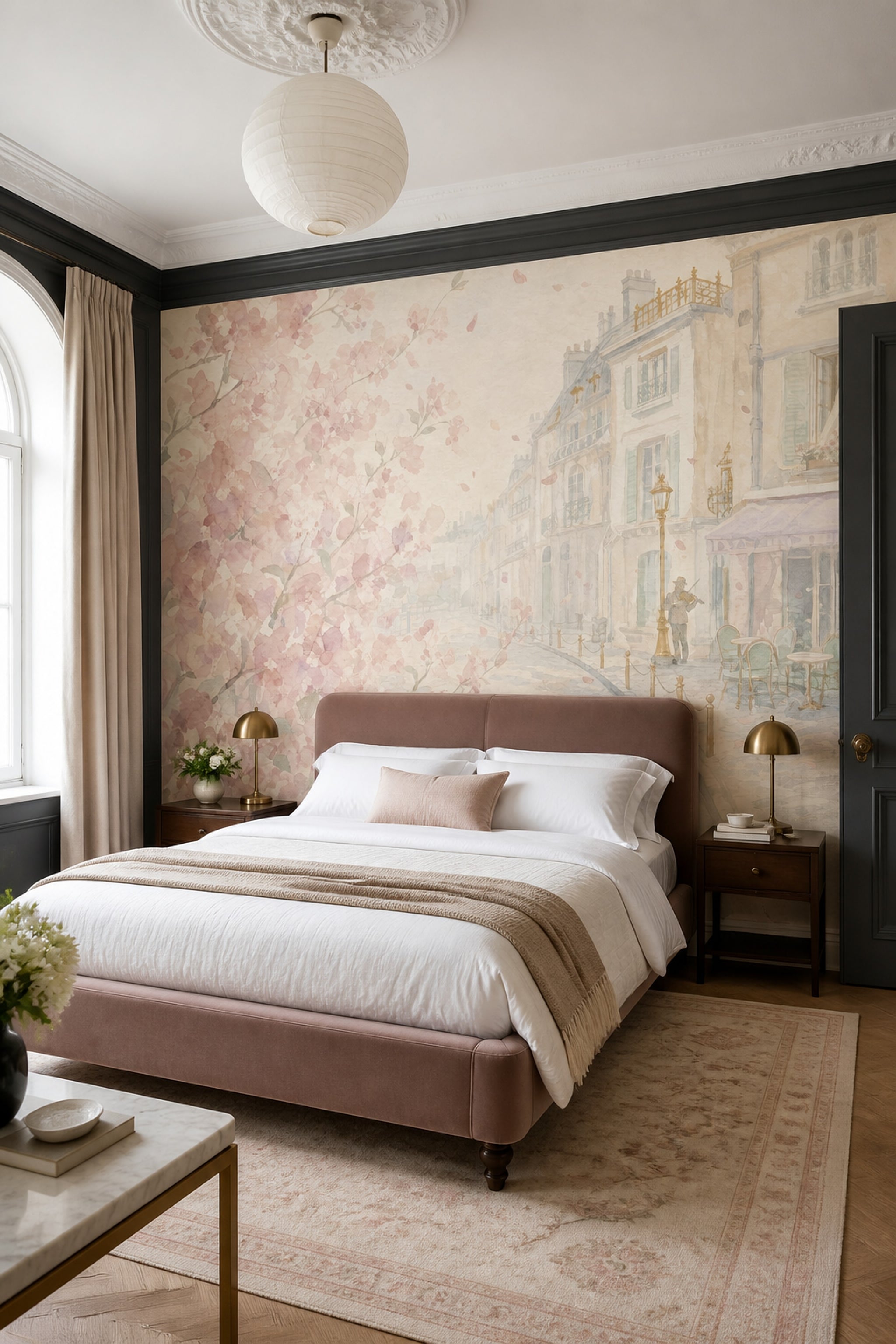 Suluboya Paris Sokağı Poster Duvar Kağıdı Pembe Çiçekli