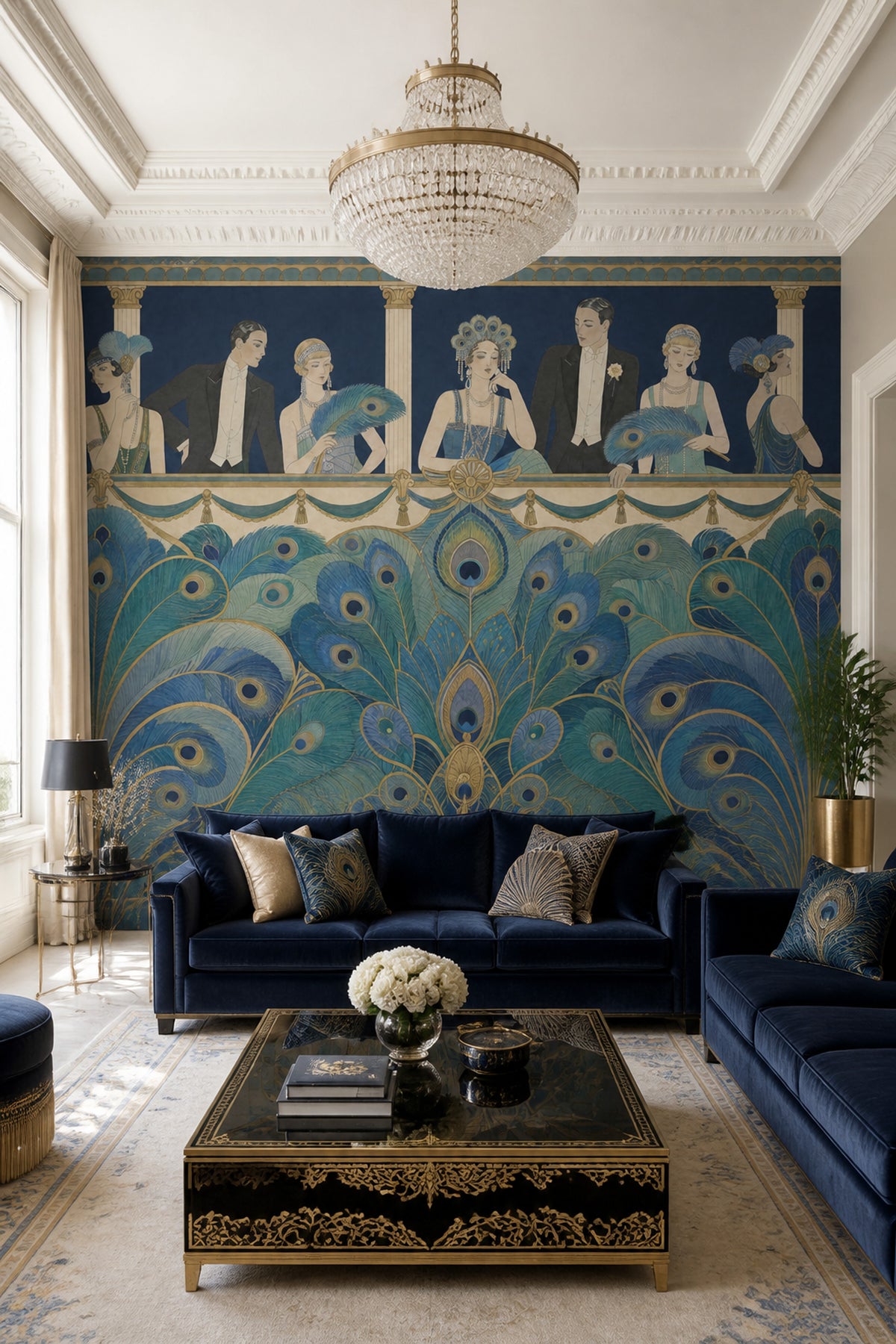 Art Deco Tavuskuşu Tüyü Poster Duvar Kağıdı Lacivert Salon