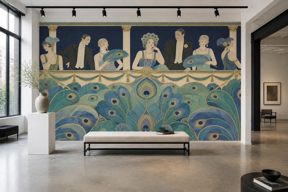 Art Deco Tavuskuşu Tüyü Poster Duvar Kağıdı Lacivert Salon