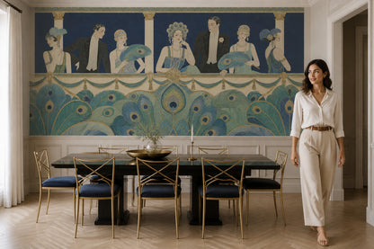 Art Deco Tavuskuşu Tüyü Poster Duvar Kağıdı Lacivert Salon