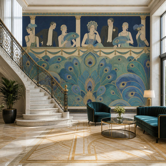 Art Deco Tavuskuşu Tüyü Poster Duvar Kağıdı Lacivert Salon