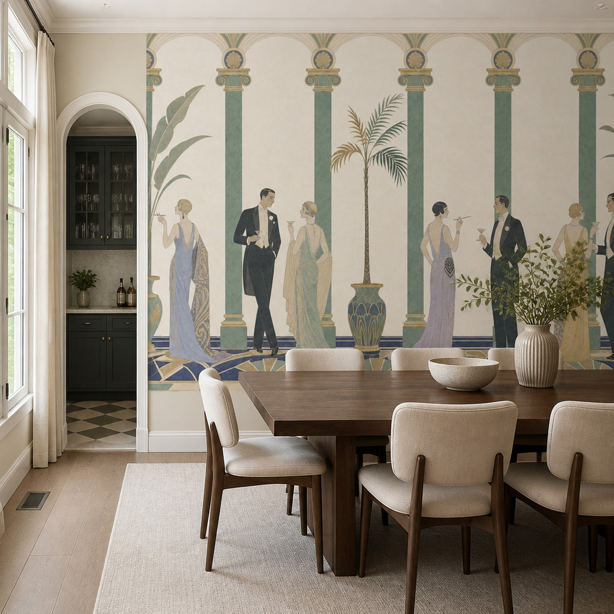 Art Deco Figürlü Poster Duvar Kağıdı Yeşil Kemerli Salon