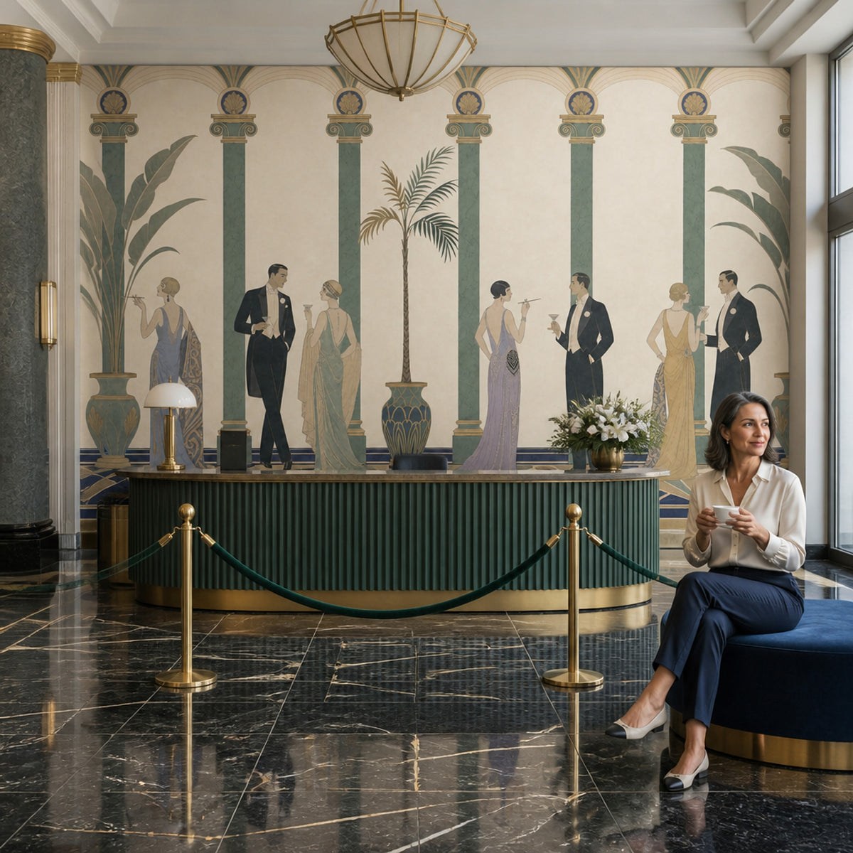 Art Deco Figürlü Poster Duvar Kağıdı Yeşil Kemerli Salon