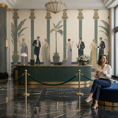 Art Deco Figürlü Poster Duvar Kağıdı Yeşil Kemerli Salon
